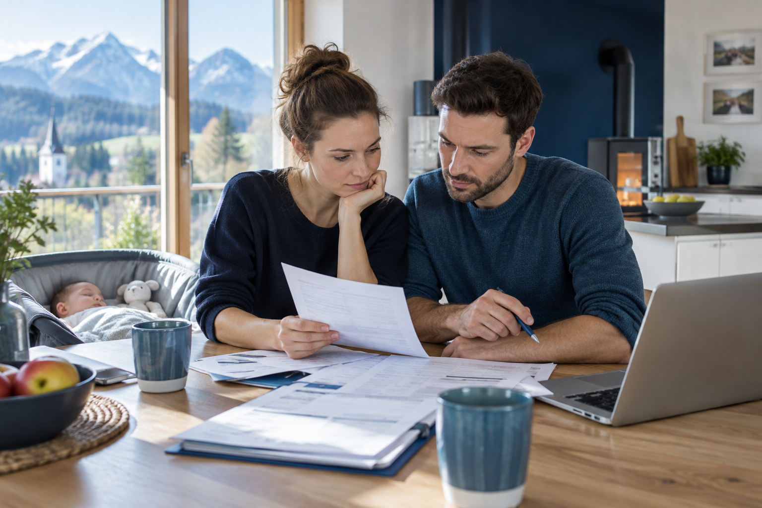 Elternpaar bespricht zu Hause die finanzielle Vorsorge während der Elternzeit