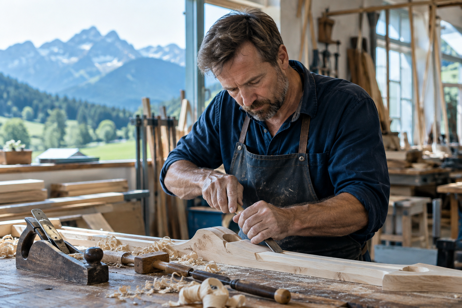 Handwerker in einer Werkstatt im Allgäu bei der sorgfältigen Arbeit an einem Holzbauteil