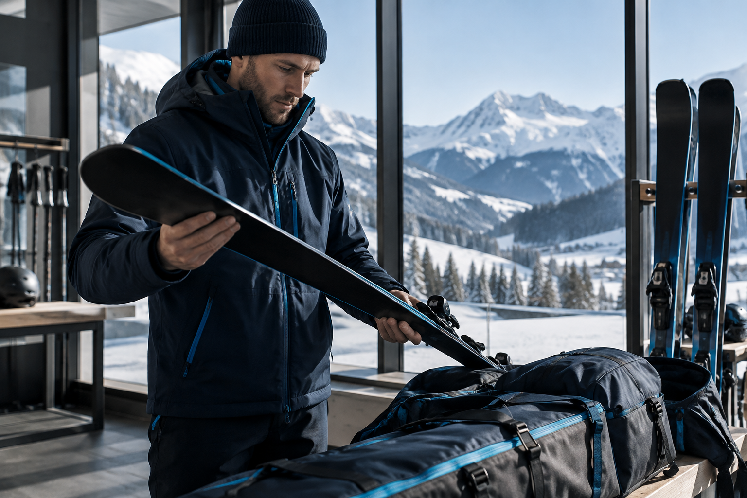 Profisportler prüft seine Wettkampfski und Ausrüstung in einem Trainingszentrum im Allgäu