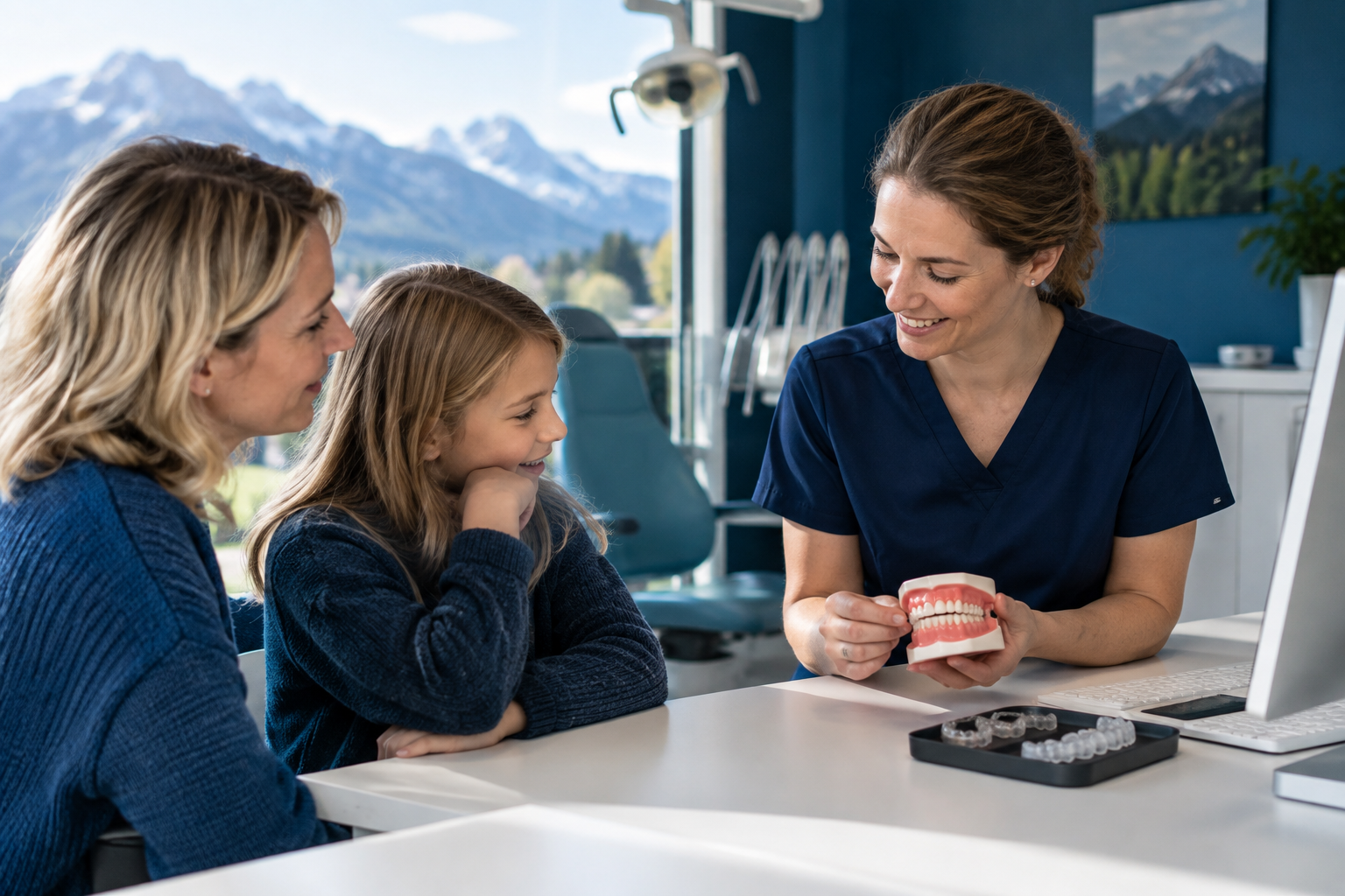 Mutter und Kind beim Beratungsgespräch in einer kieferorthopädischen Praxis