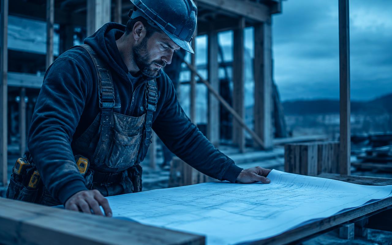 Handwerker prüft Baupläne auf einer Baustelle