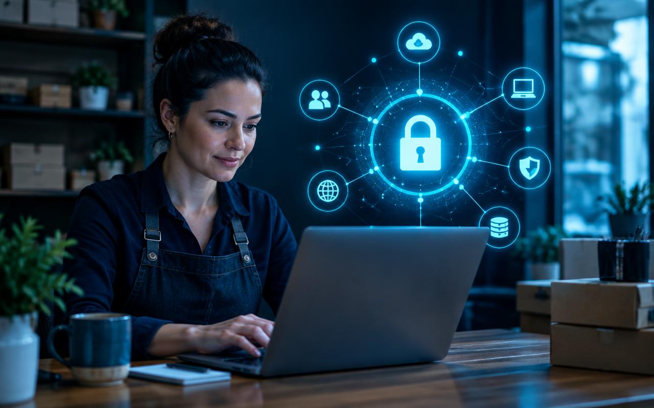 Unternehmerin am Laptop mit symbolischem Sicherheitsschloss
