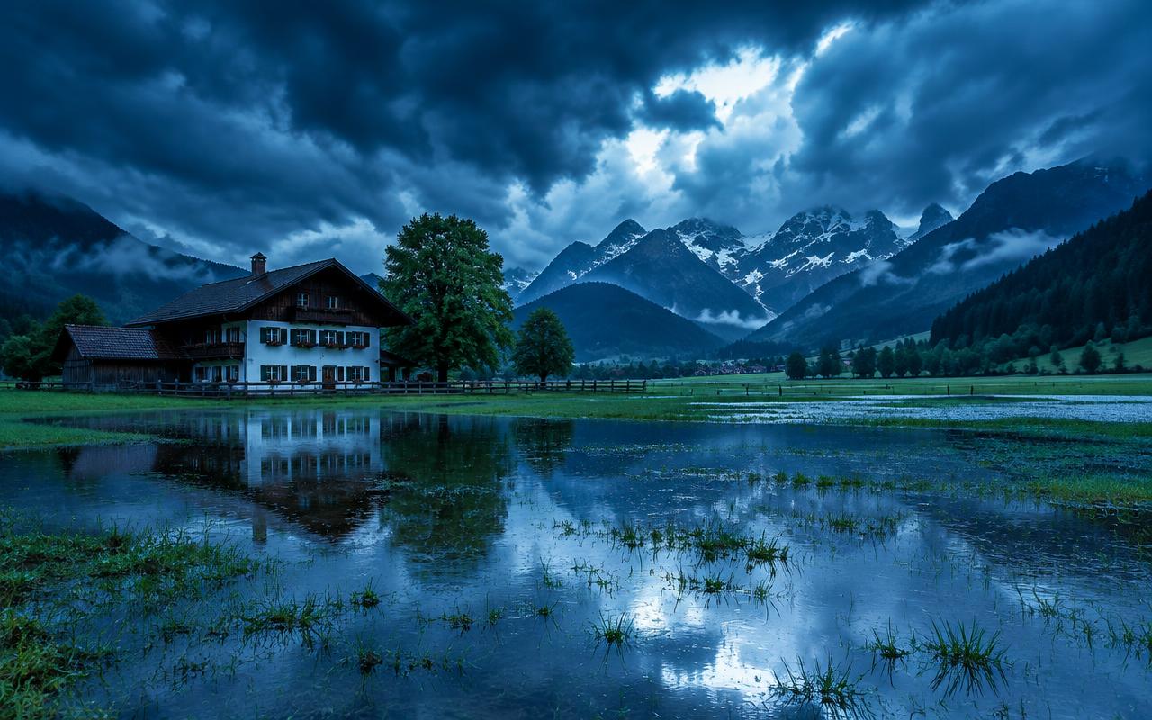 Allgäuer Bauernhaus nach Starkregen mit überfluteter Wiese