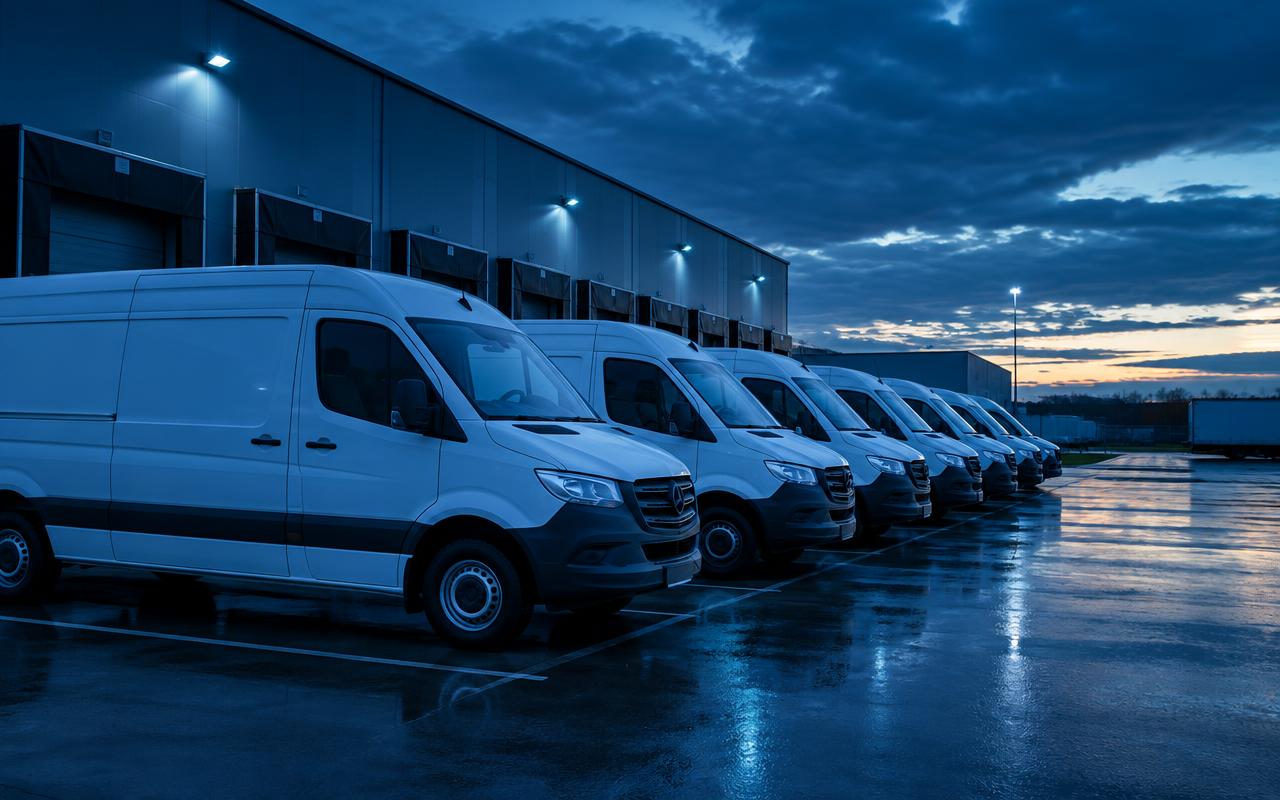 Reihe weißer Firmentransporter vor einem Logistiklager