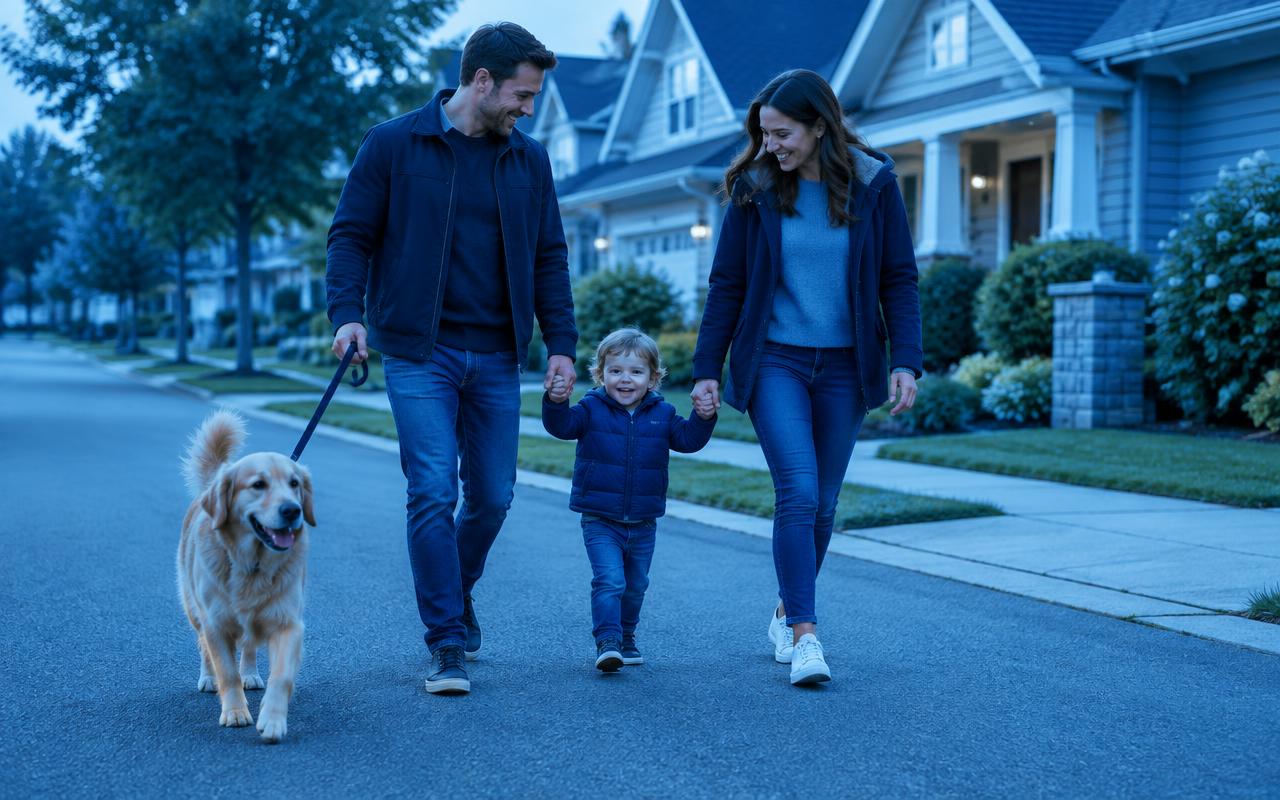 Familie mit Kind und Hund beim Spaziergang