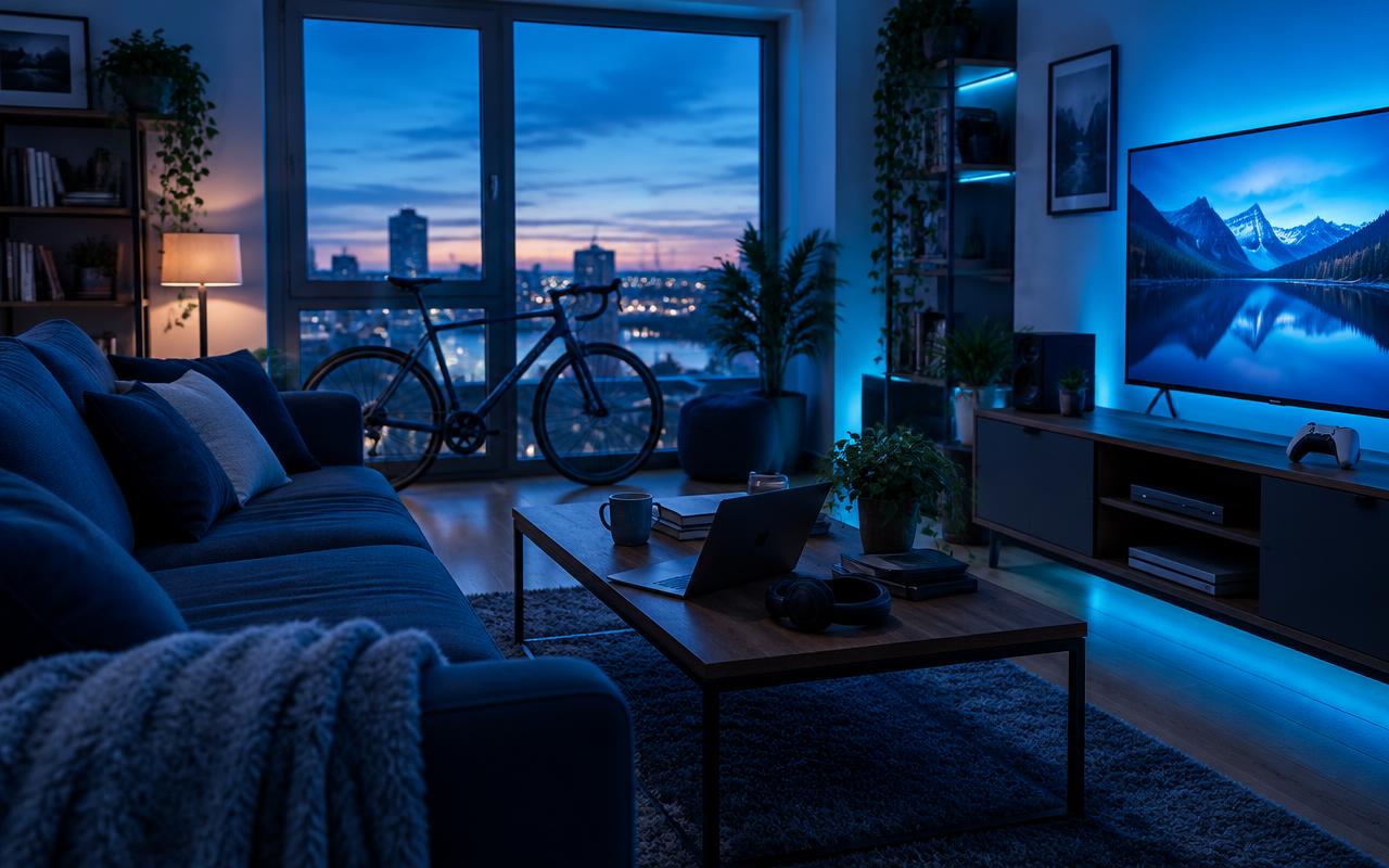 Wohnzimmer mit Sofa, Fahrrad und Unterhaltungselektronik