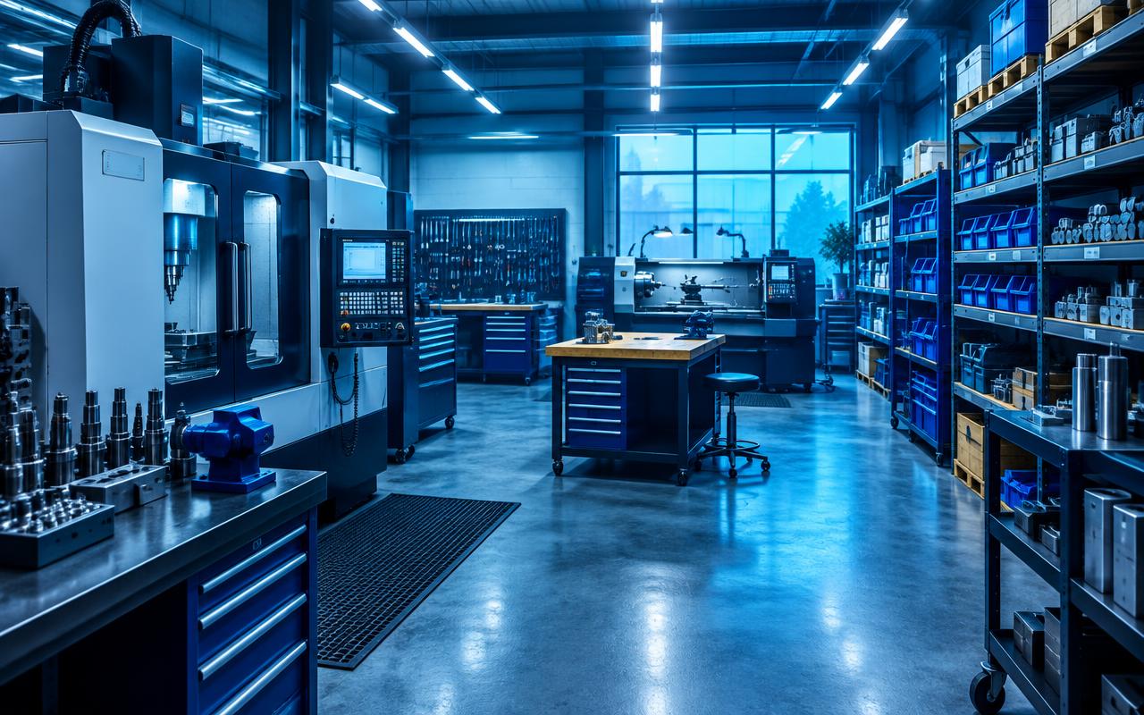 Moderne Werkstatt mit Maschinen und Lagerregalen
