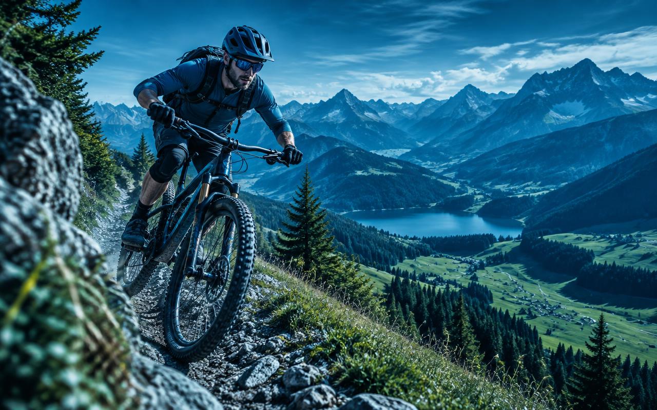 Mountainbiker auf einem Alpentrail im Allgäu
